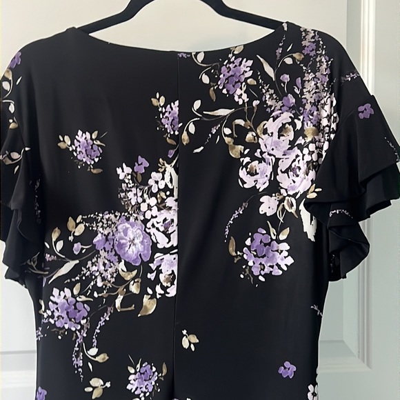 Lauren black dark floral cinched dress SZ 14 black wrap style ruffle career - Picture 8 of 14